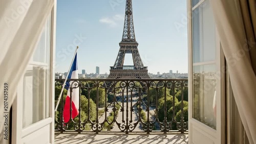 View of Eiffel Tower from luxury Paris apartment window
