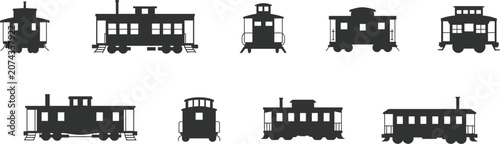 Foto Train caboose silhouette vector set, vintage railroad freight car icons isolated