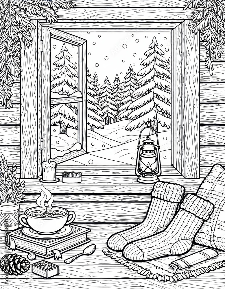 Fototapeta premium Cozy Winter Scene Inside a Rustic Cabin with Snowy Forest View Through Open Window