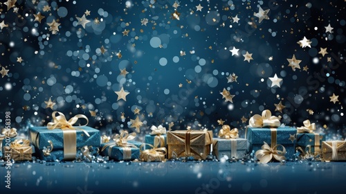 Blue and Gold Gift Boxes Decorated with Glittery Stars and Confetti on a Deep Blue Background
