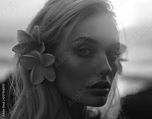 Woman with Tropical Flowers at Sunset