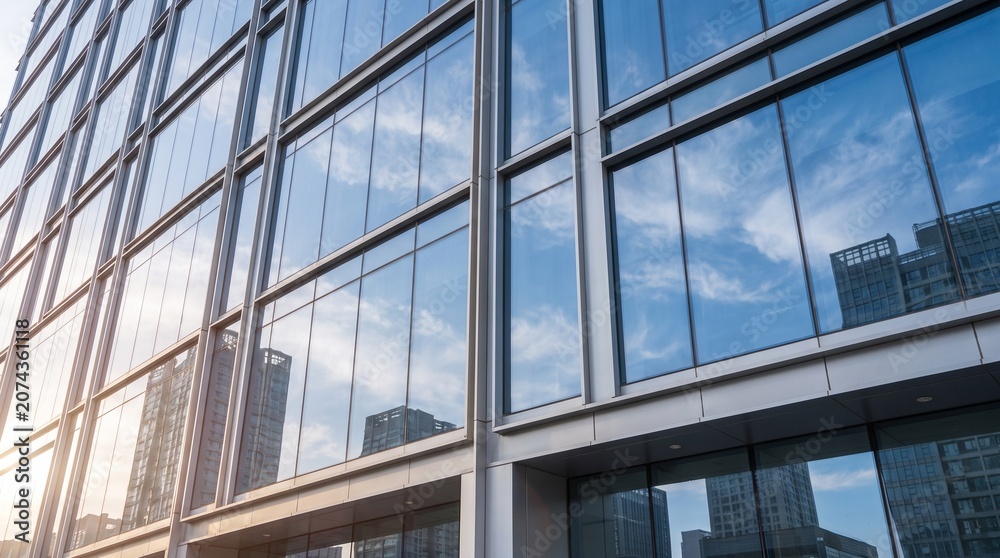 Obraz premium Sleek architectural facade of a modern urban skyscraper, reflecting a vibrant blue sky with dynamic clouds and embodying innovative city development