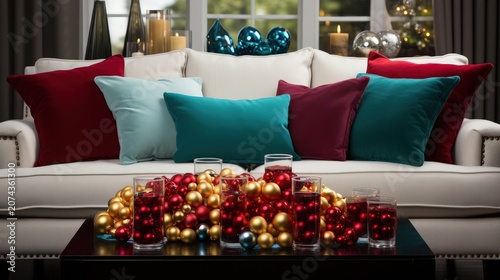 A festive arrangement of red and gold ornaments in glass vases on a coffee table in a living room with a white sofa and pillows in various shades of red and blue