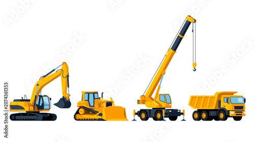Schilderij op canvas Four heavy construction machinery vehicles in a lineup display.
