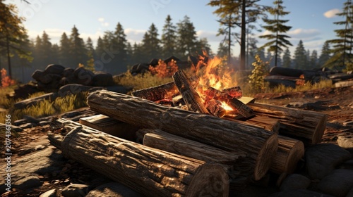 A crackling campfire amidst a serene forest setting, surrounded by weathered logs and rocks, the warm glow illuminating the surrounding woodland