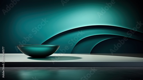 A minimalist green bowl rests on a white platform in front of a dark teal background with layered abstract curves.
