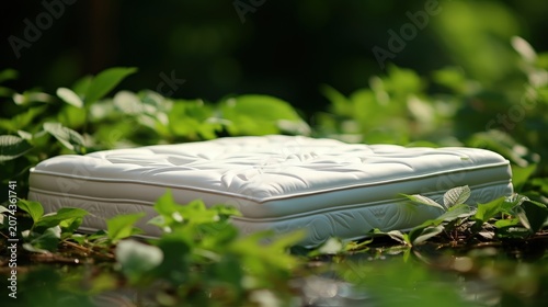 A pristine white mattress nestled amidst vibrant green foliage, symbolizing the tranquility and comfort of a restful sleep.