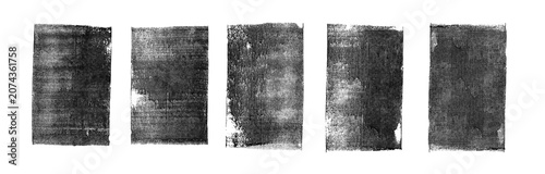 Set of vertical ink stamp texture with dripping ink in brushing creating dirty grunge brush. Letter press vintage rough rectangle shape with abstract textures. Linocut irregular textured printout.
