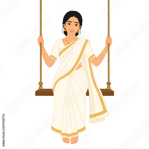 Fotografie South indian woman in traditional kerala kasavu saree sitting on a wooden swing,