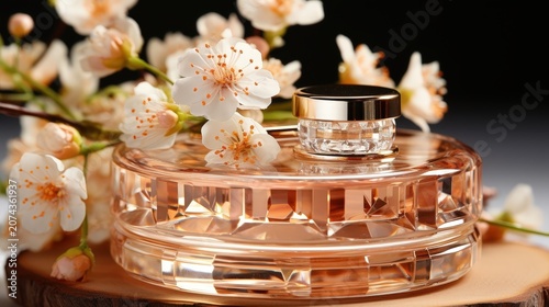A delicate, feminine perfume bottle adorned with white blossoms, resting on a rustic wooden surface, capturing the essence of springtime fragrance.