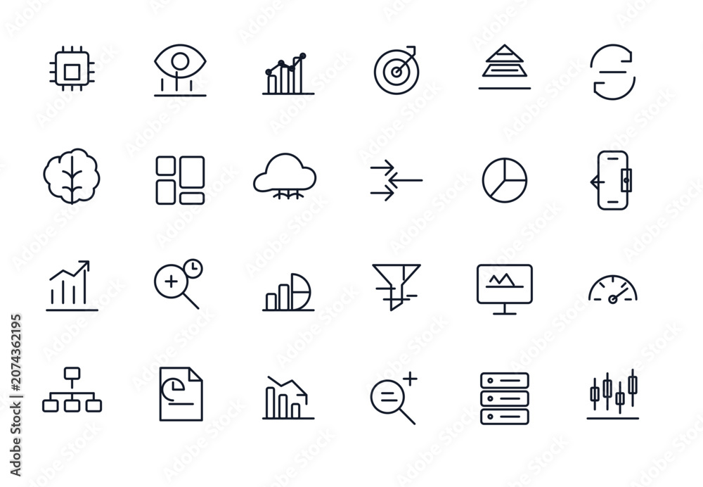 Fototapeta premium Data Analysis Editable Line Icon Set for Analytics Dashboard and Business Intelligence UI A clean and professional data analysis line icon set featuring 24 editable vector icons designed for analytics