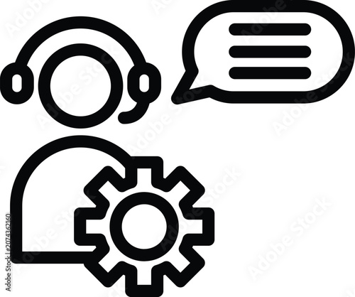 Customer care agent with headset and gear for technical assistance line icon