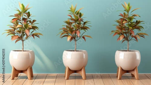 Three potted plants with rounded white pots on wooden stands against a light blue wall