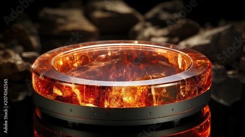 A circular, amber-colored object with a metallic base, illuminated from within, creating a warm glow, resting on a dark surface.