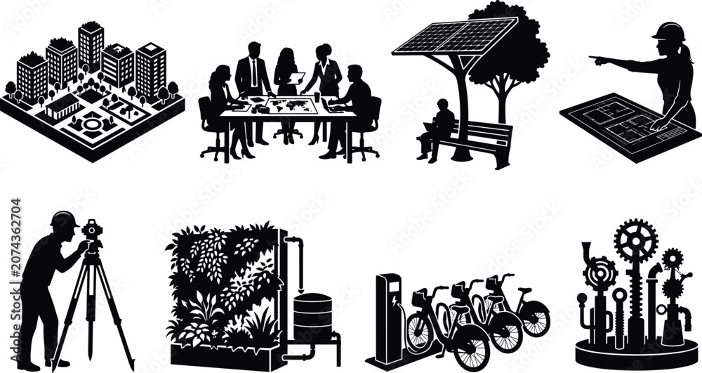 Obraz premium Sustainable smart city urban planning silhouette vector set featuring architecture engineering green energy infrastructure and eco technology development