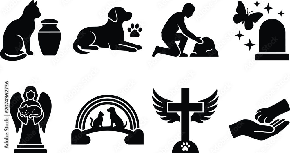 Obraz premium Pet memorial silhouette vector icon set featuring dog and cat funeral urn tombstone rainbow bridge and mourning symbols