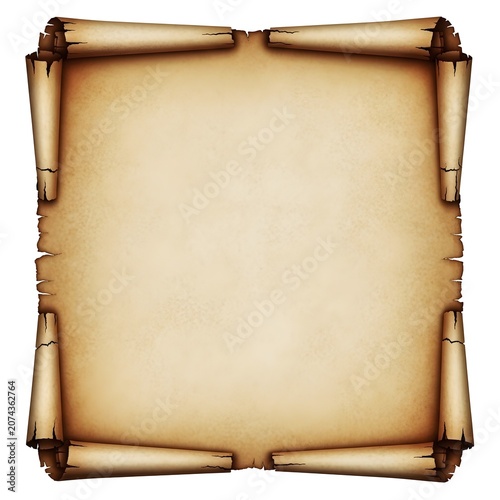 Antique parchment scroll with rolled edges isolated on white
