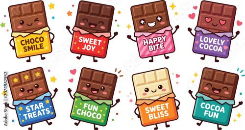 Cute cartoon chocolate bars characters collection with funny smiling faces including milk, dark, strawberry, and white chocolate vector illustration.
