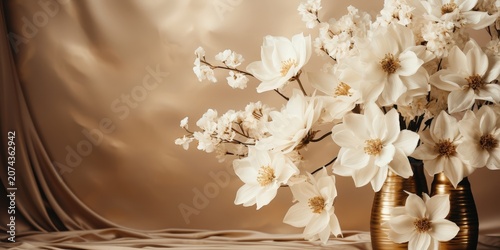 Delicate White Blooms Arranged in a Golden Vase on a Soft Brown Drape