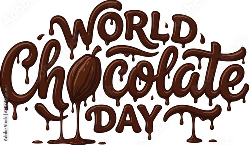 World Chocolate Day text design with melting and dripping chocolate effect and a cocoa bean vector illustration isolated on white background.