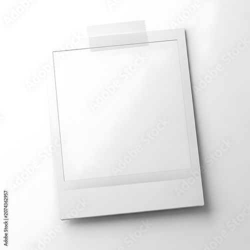 Blank polaroid photograph with tape isolated on white surface