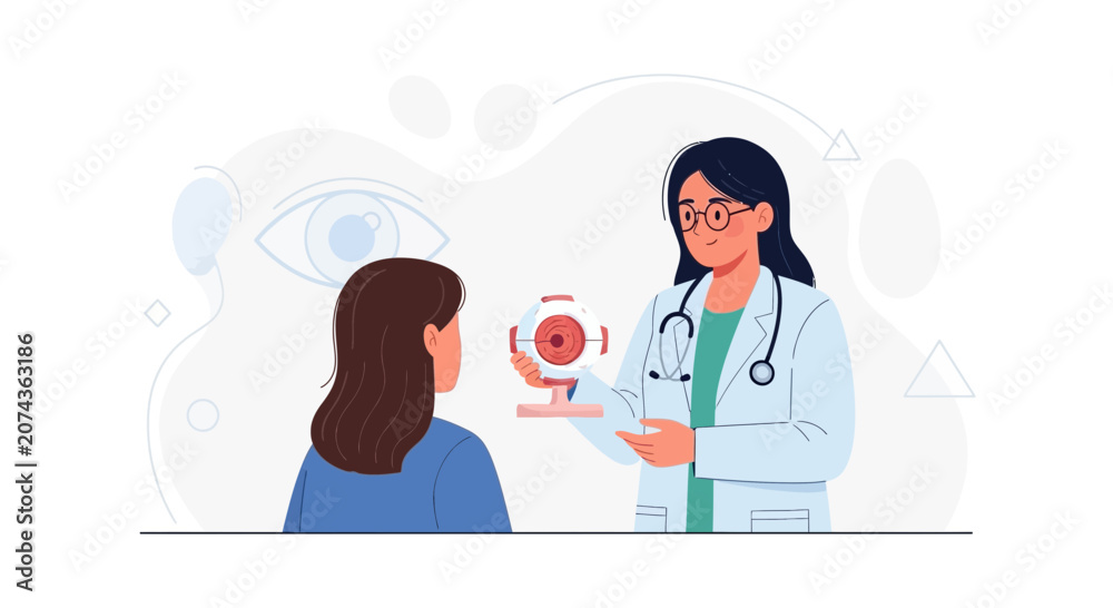 Fototapeta premium Ophthalmologist Explains Eye Health to Patient with Eyeball Model