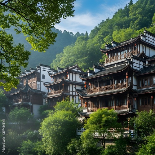 Traditional chinese architecture in mountainous landscape scenic travel destination