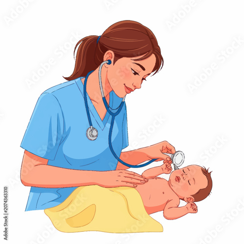 Cuadro en lienzo Female pediatrician examining newborn baby with stethoscope.