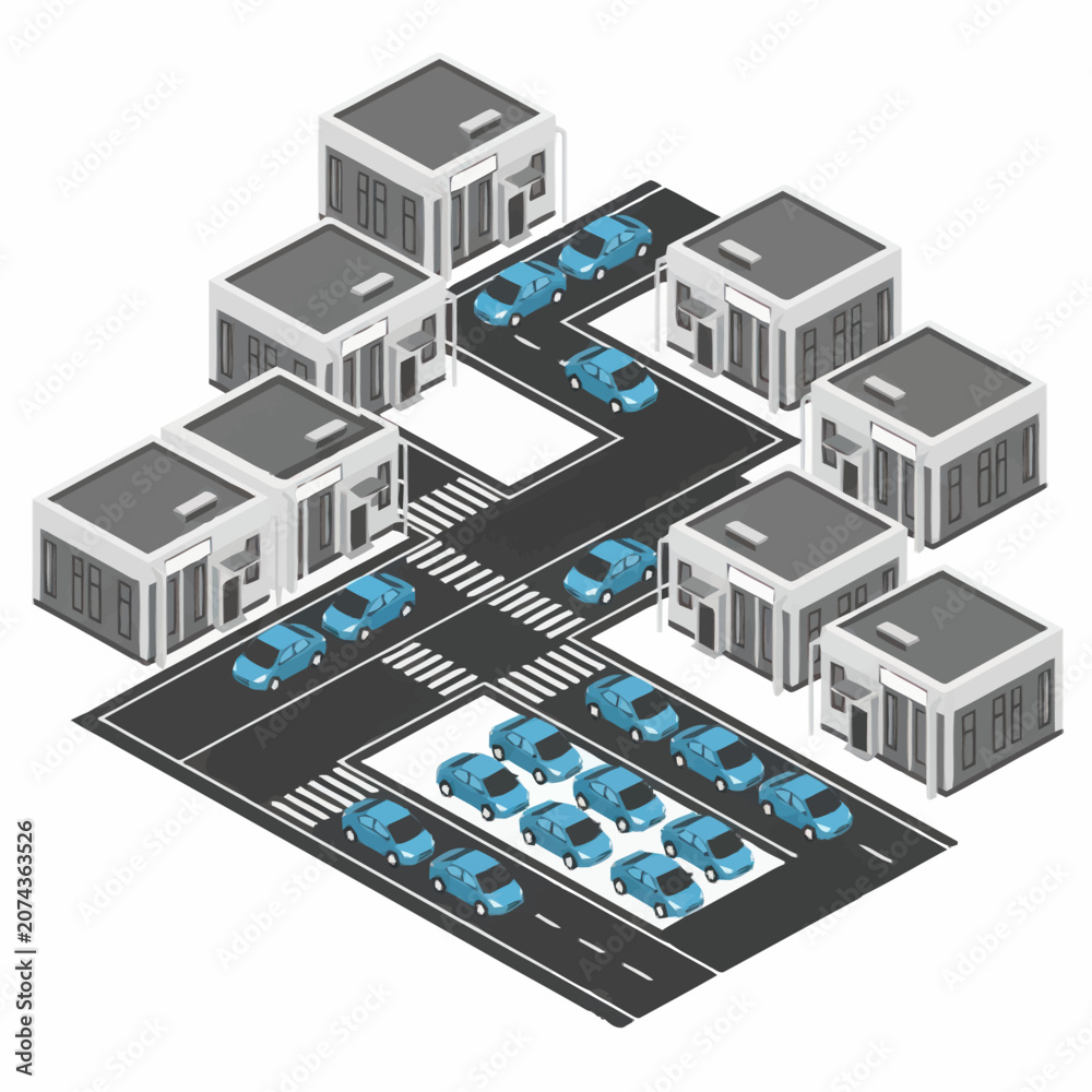 Fototapeta premium Isometric cityscape with modern buildings and cars.