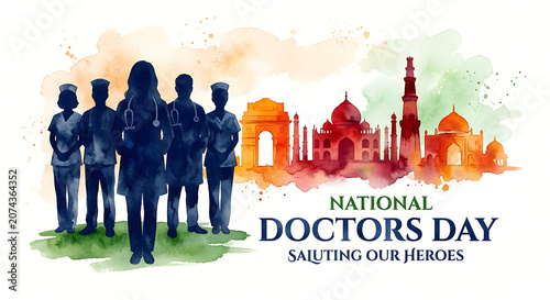 National doctors day celebration and doctors silhouette on background.