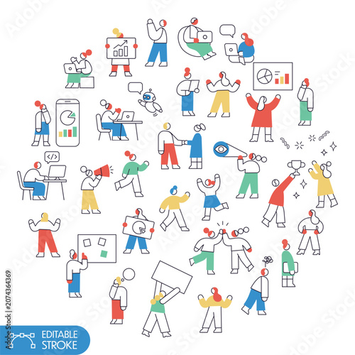 Large editable stroke business character collection with AI assistant, charts, marketing, coding, teamwork, success and productivity concepts.