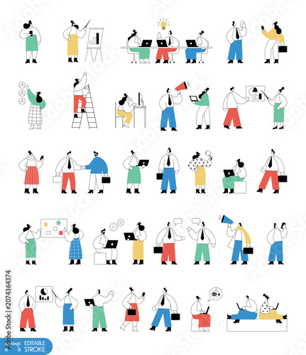 Editable stroke business character set with office workers, presentations, meetings, laptops, leadership, teamwork and communication concepts.