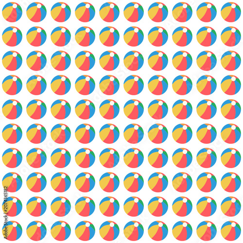 Colorful Beach Ball Seamless Pattern on White Background. Vibrant seamless pattern featuring repetitive colorful inflatable beach balls isolated on a white background.