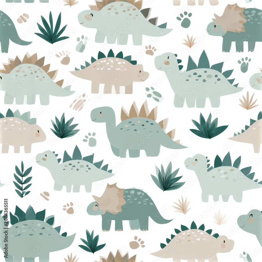 Obraz premium Cute dinosaur with playful forest elements, nursery theme, child friendly illustration, whimsical design. SEAMLESS PATTERN