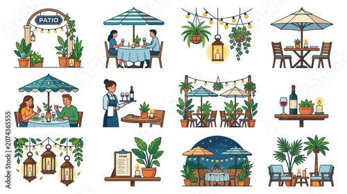 Foto Collection of illustrations for outdoor dining and patio restaurant ambiance