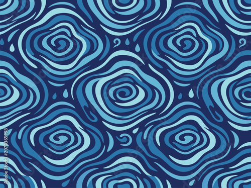 Seamless blue wave pattern with abstract stylized water droplets and swirling fluid shapes.