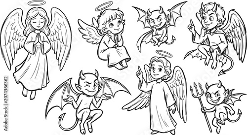 Konstfotografi Angel and devil sketch vector collection with black outline cartoon characters f
