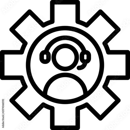Customer support center icon with call center agent inside a gear symbol