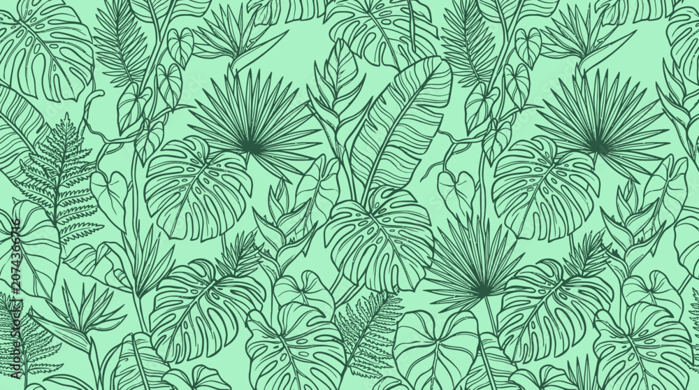 Fototapeta premium Hand drawn leaf pattern illustration of various tropical plants on a green background