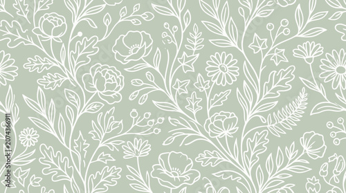 Photos A hand drawn leaf pattern featuring flowers and foliage on a soft green backgrou