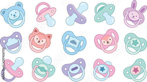Fotografie Cute baby pacifier vector collection with pastel colorful soothers dummy nipples