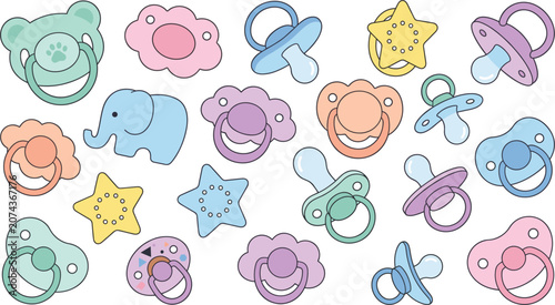 Obraz na plátně Cute baby pacifier vector collection with pastel colorful soothers dummy nipples