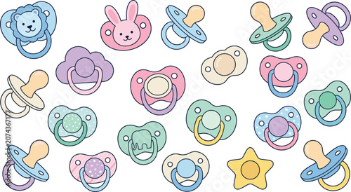 Obraz na plátně Cute baby pacifier vector collection with pastel colorful soothers bunny star an