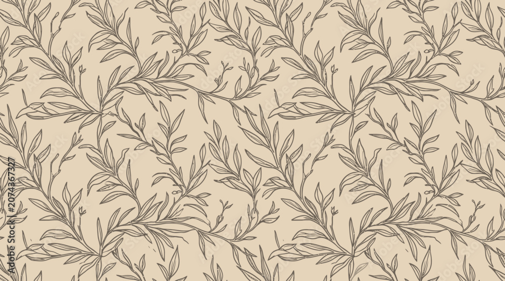 Fototapeta premium A hand drawn leaf pattern illustration showcases various leaves on a surface.