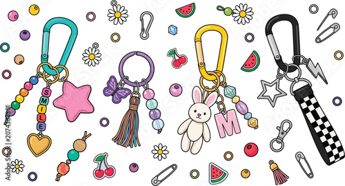 Colorful aesthetic keychain vector collection with cute plush charms, letter beads, fruits and carabiners