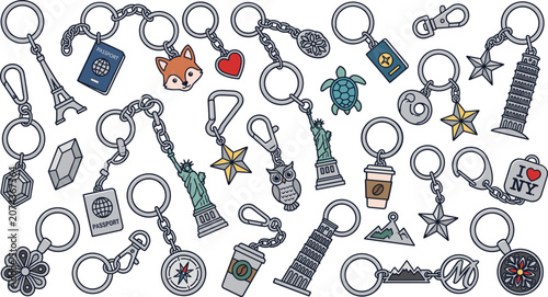 Canvastavla Travel keychain and keyring charm icon set, vacation souvenir pendant vector car
