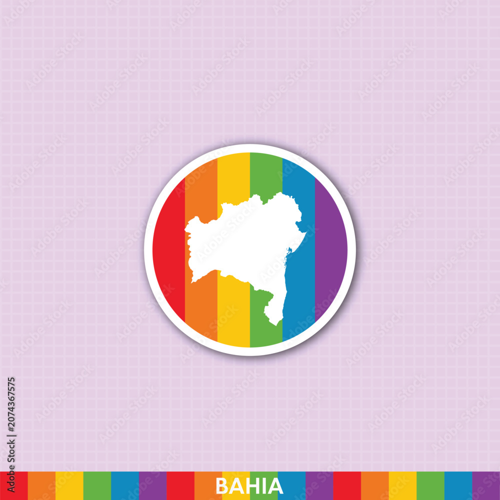 Naklejka premium Colorful rainbow pride sticker featuring Bahia state silhouette. Ideal for LGBTQ+ art, social media graphics, prints and merchandise.