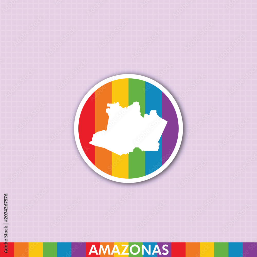 Fototapeta premium Rainbow pride sticker with Amazonas state map shape. Perfect for LGBTQ+ prints, cards, merchandise and creative digital projects.