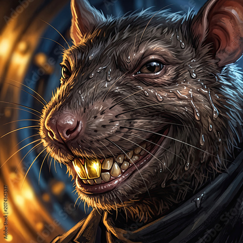 Rat headed man smiling greedily in an extreme closeup portrait