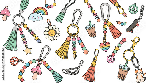 Cuadro en lienzo Cute keychain and beaded keyring charm set, tassel accessory collection vector c